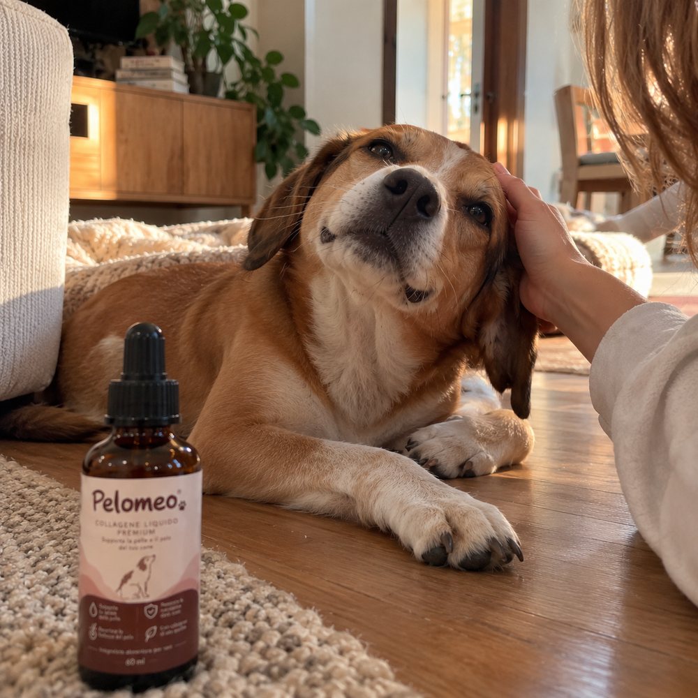 Cane accarezzato accanto al flacone di Pelomeo