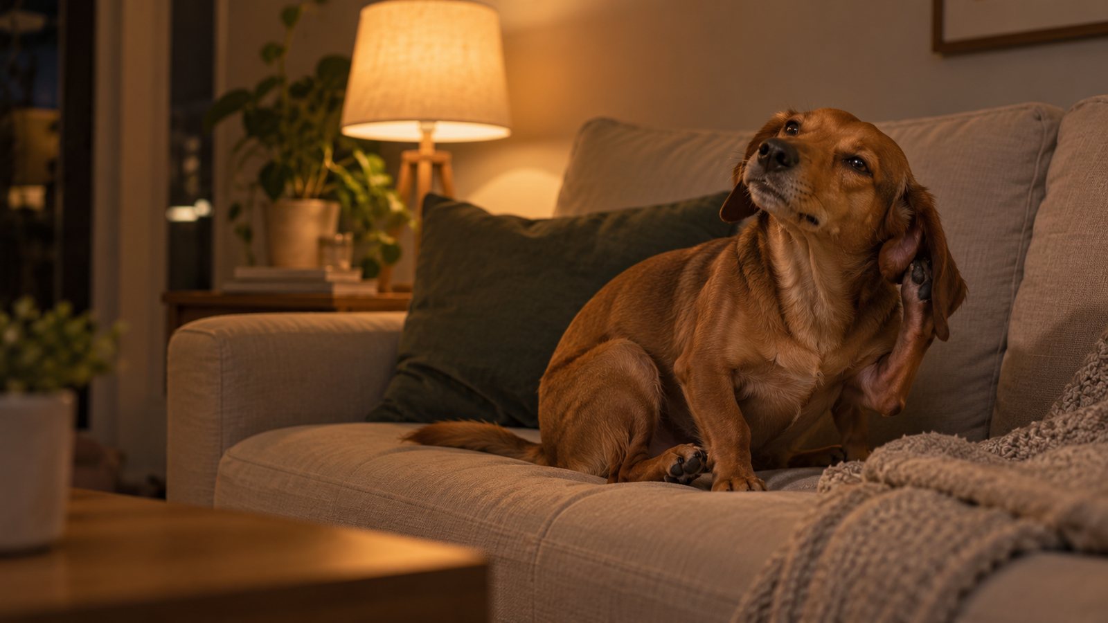 Cane che si gratta di notte sul divano