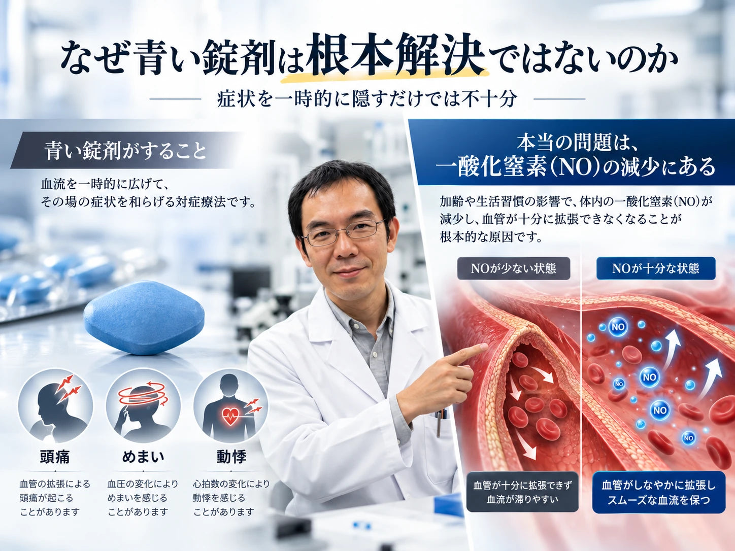 青い錠剤と一酸化窒素の仕組みを比較するイラスト